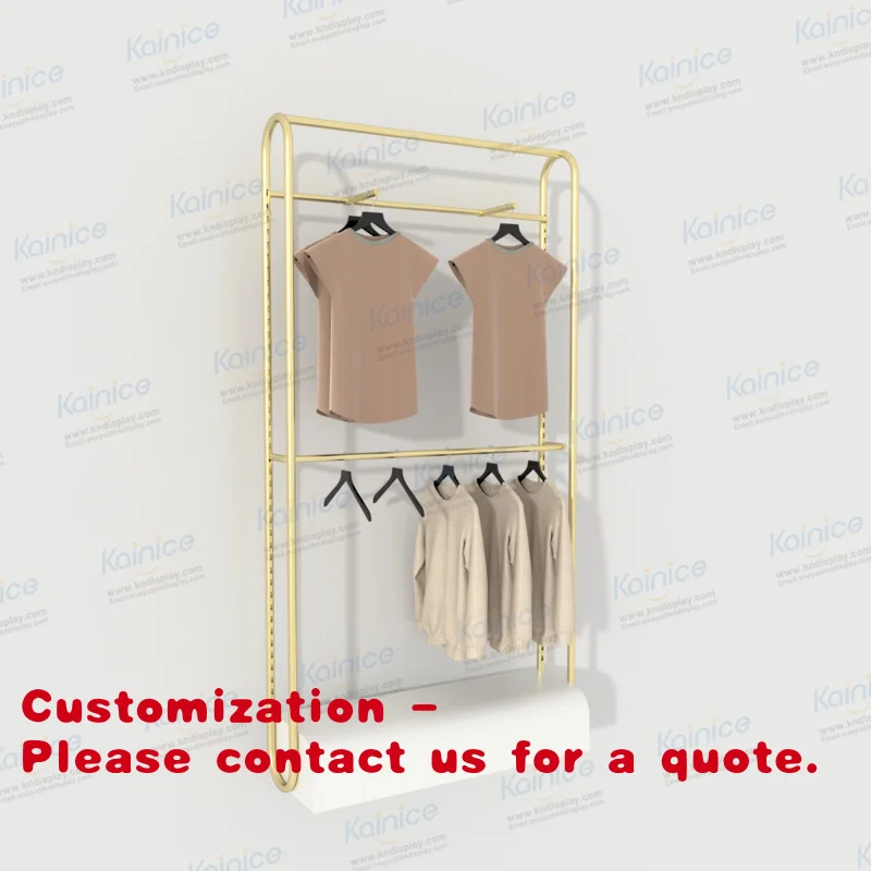 

Индивидуальный дизайн интерьера магазина одежды Kainice: металлическая напольная витрина для одежды, золотисто-белый демонстрационный шкаф.
