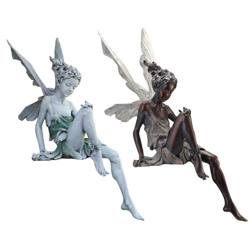 Resin Craft Fairy Garden Statue Outdoor Decor Curved Sitting Pose Flower Fairy Ornament