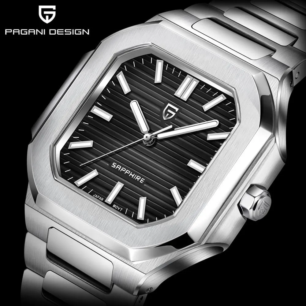 PAGANI DESIGN Brand YS019 Classic Men's Square Quartz Watch Waterproof Stainless Steel Business Watches for Man Pagani Design