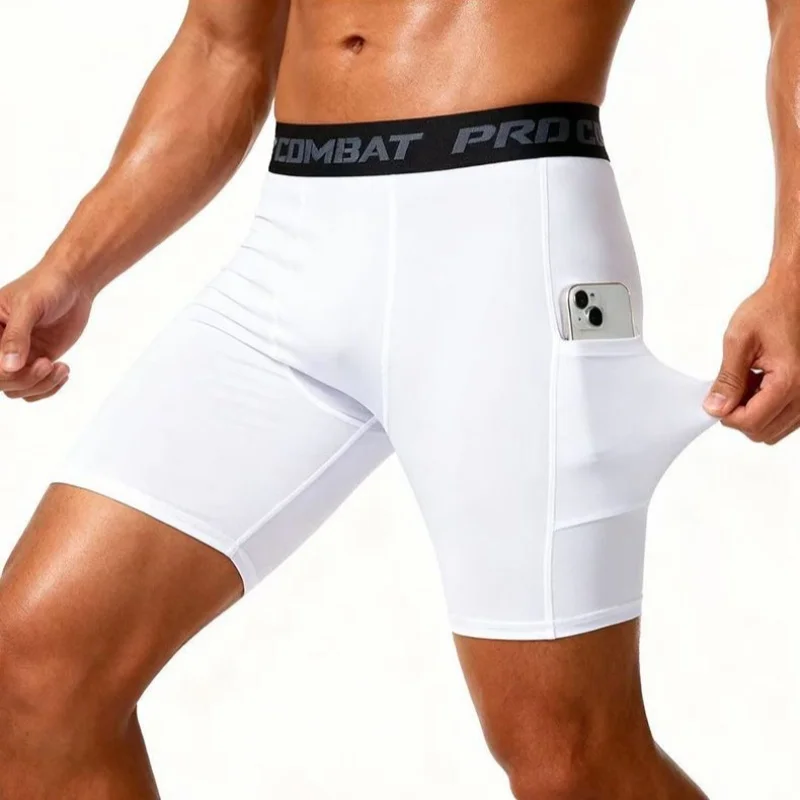 Mens Gym Shorts with Pockets Workout Compression Leggings for Men Polyester Boxer Briefs Running Basketball Athletic Tights