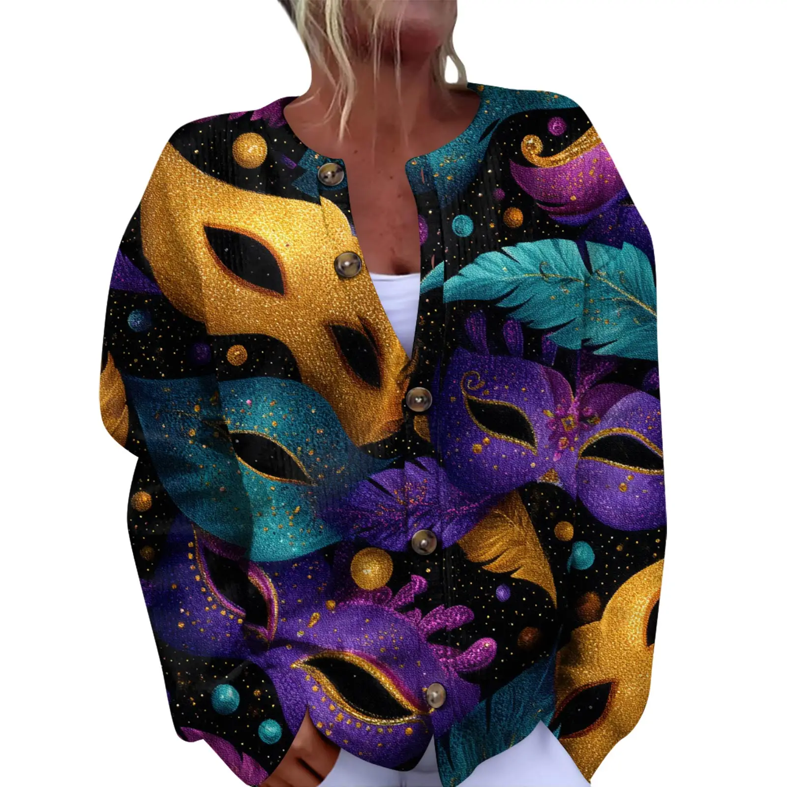 여성 패션 페스티벌 프린트 긴팔 니트 가디건 버튼 프론트 자켓 여성 코트 겨울용