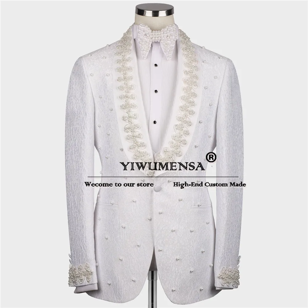 

Ivory Jacquard Suits Men For Wedding Luxury Pearls Appliques Jacket Pants 2 Pieces Groom Tuxedos Bespoke Male Fashion Clothing