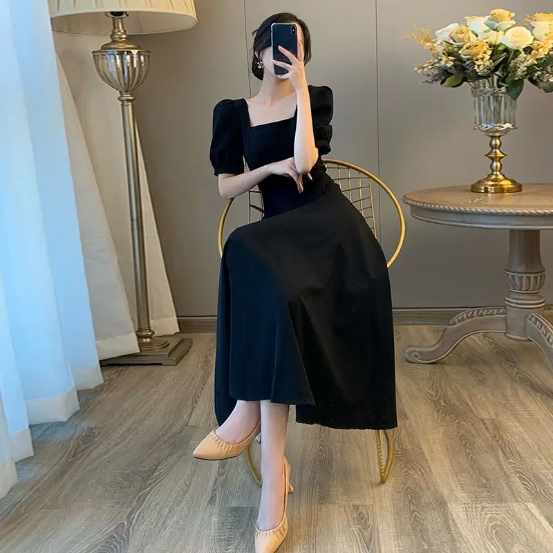 Light yellow dress summer new French square neck Hepburn style temperament long dress A-LINE vestidos dress