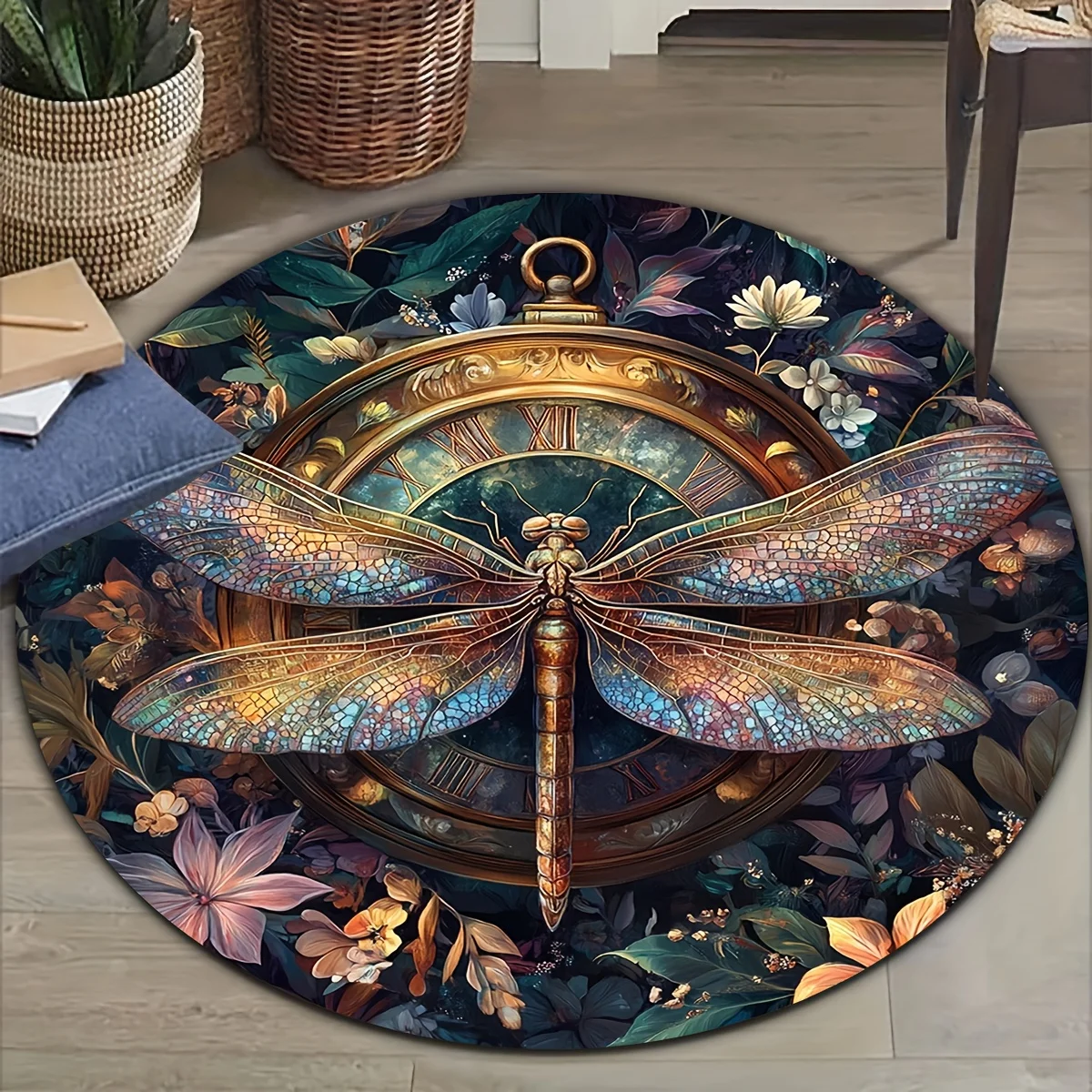 Steampunk Dragonfly Round Rug Flannel Printed Carpet Vintage Art Design Home Decor Cozy Soft Floor Mat Living Room Indoor Use