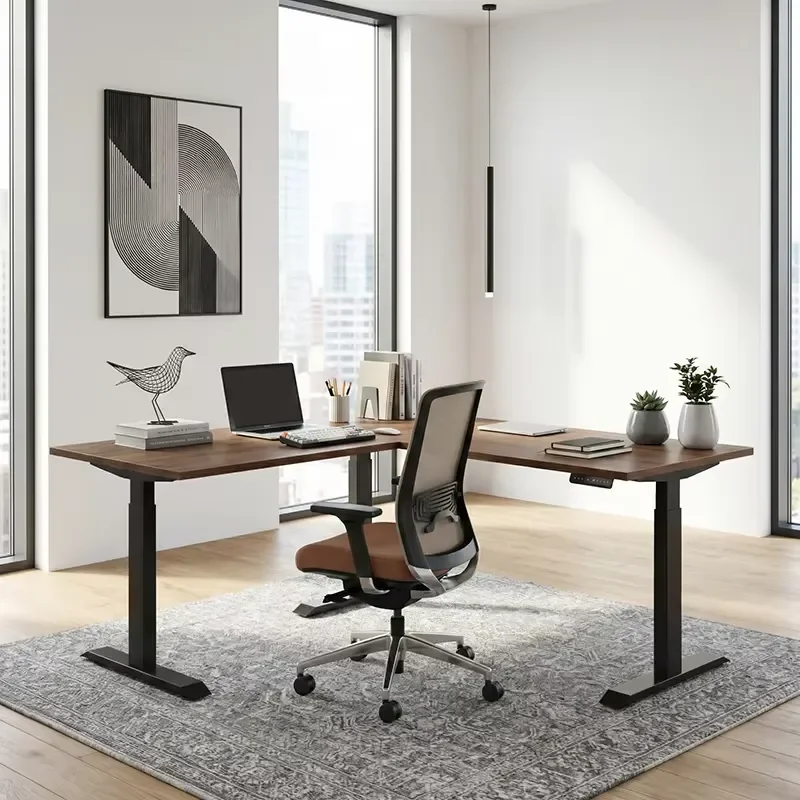 L Shape Electric Height Adjustable Desk with Drawers Dual Motor Metal Wood Surface for Office Computer Workstation