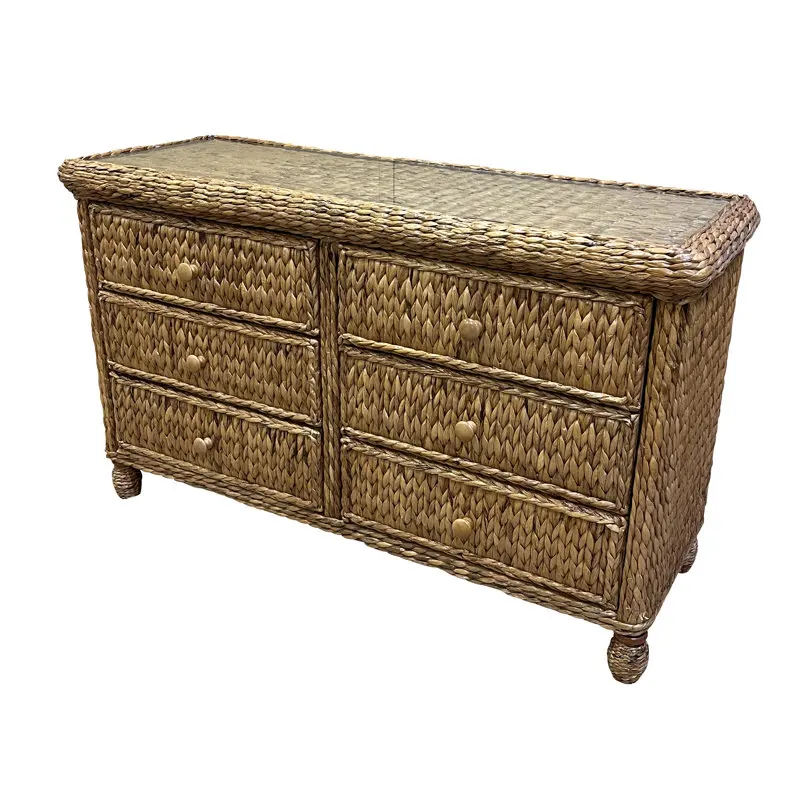 

54W rustic wicker 6-drawer dresser with woven front locker for laundry basket