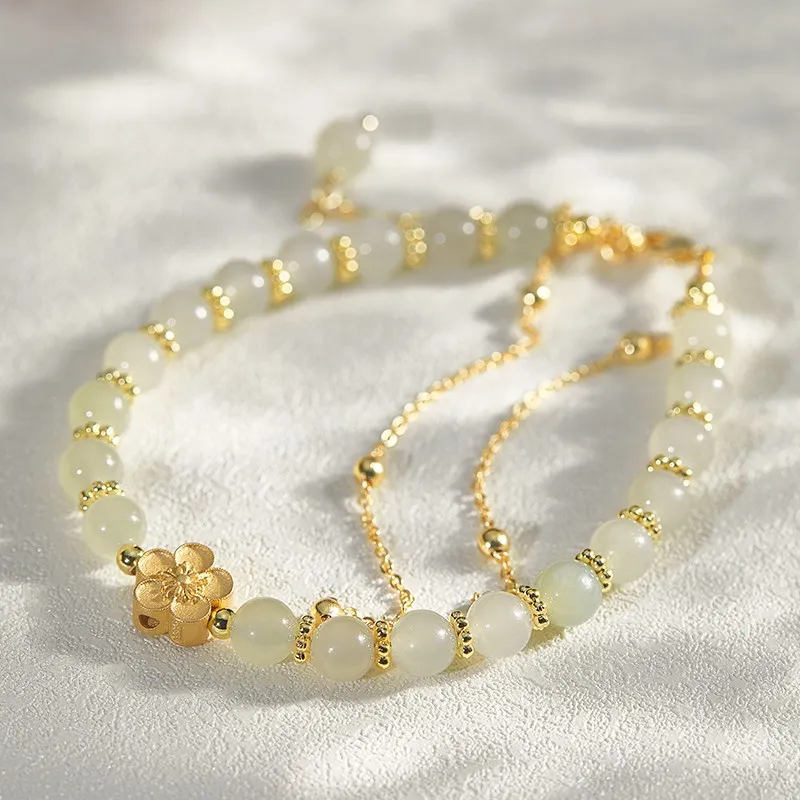 

New in Natural Hetian Jade Small peach blossom Double Bracelet for Women flower Romantic Fresh Beaded Bangles Wedding Jewelry