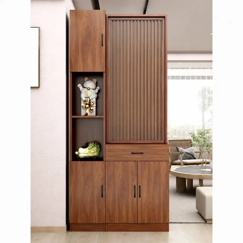 Solid Wood Entryway Shoe Cabinet with Chinese Style Screen Partition Integrated Hall Console Storage Unit for Living Room