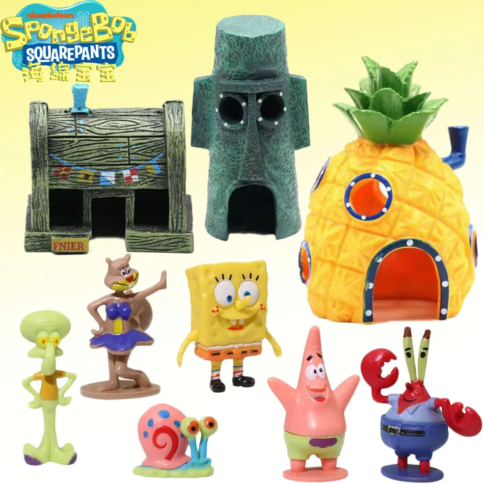 6pcs SpongeBob Fish Tank Decoration Cartoon Aquarium Doll Decorations Pineapple House Fish Shrimp Hideout Aquarium Decoration