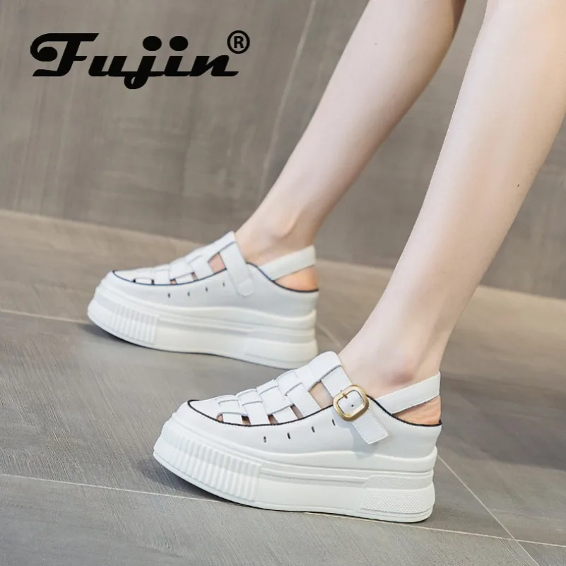 Fujin 8.8cm Genuine Leather Women Summer Shoes Platform Slippers Wedge Sandals for Female Slip on Beach Summer Fashion Ladies