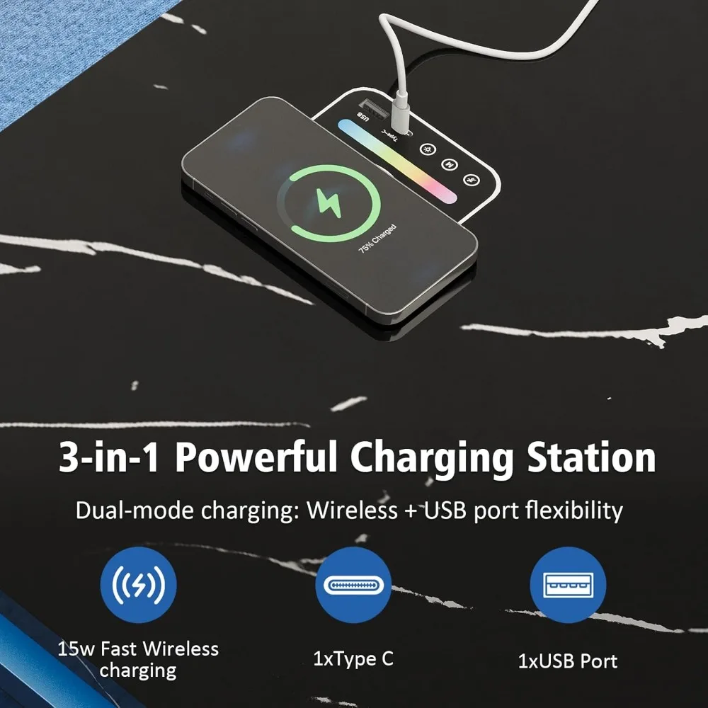 طاولة قهوة LED مع مساحة تخزين، طاولة قهوة سوداء مع شحن لاسلكي ومكبر صوت، 24 بوصة #4