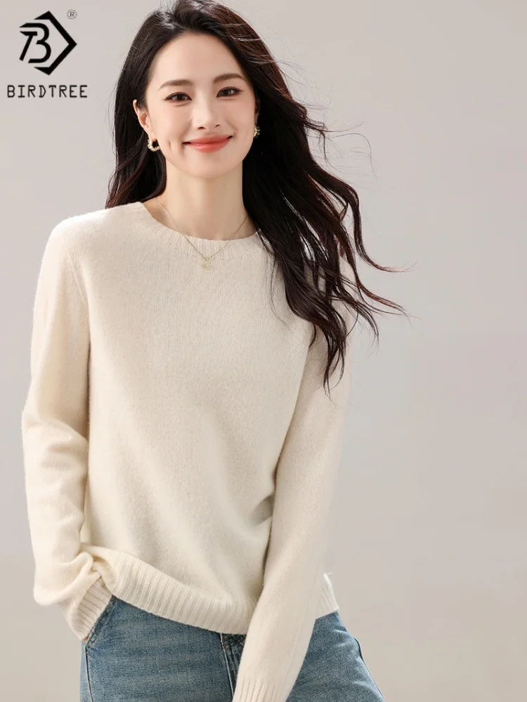 

Birdtree,100% Sheep Wool Knitted Sweater,Woman Seamless O-neck Basics Tops,2025 Fall/Winter Solid Casual Pullover T5O019JF