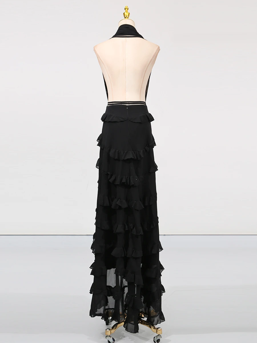 Vgh sexy emendado rendas até maxi vestido para mulher halter sem mangas cintura alta retalhos fungo temperamento em camadas vestidos femininos