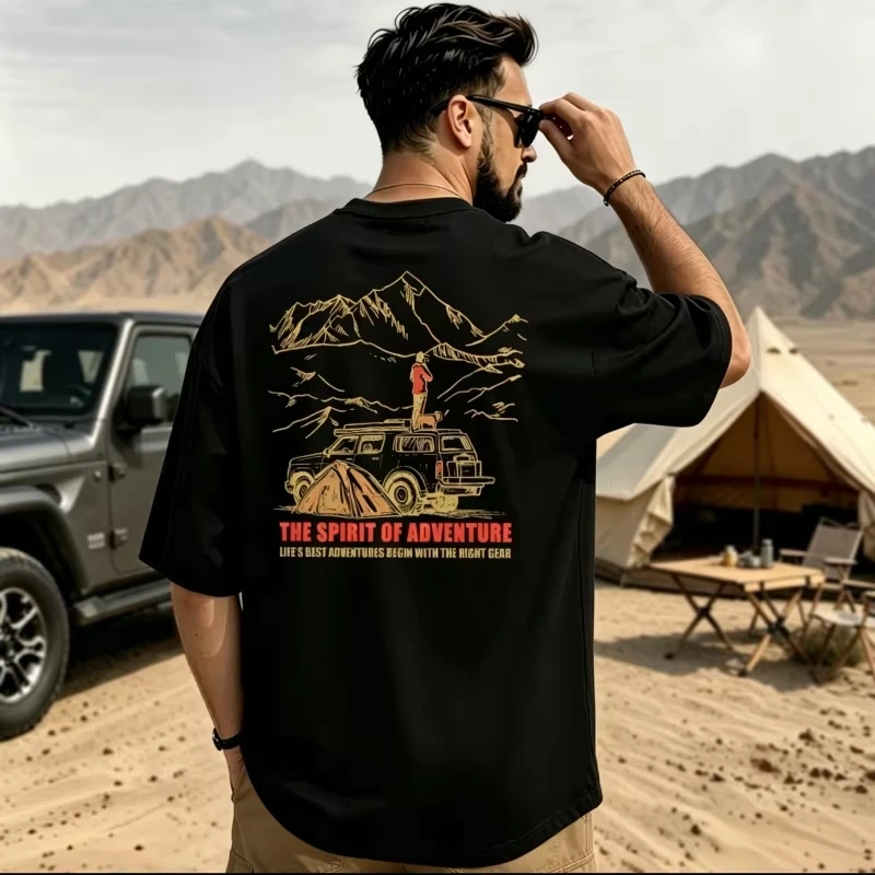 2026 new Summer Outdoor adventure Tee with mountain camping vehicle pattern on the back short-sleeved comfortable casual topb