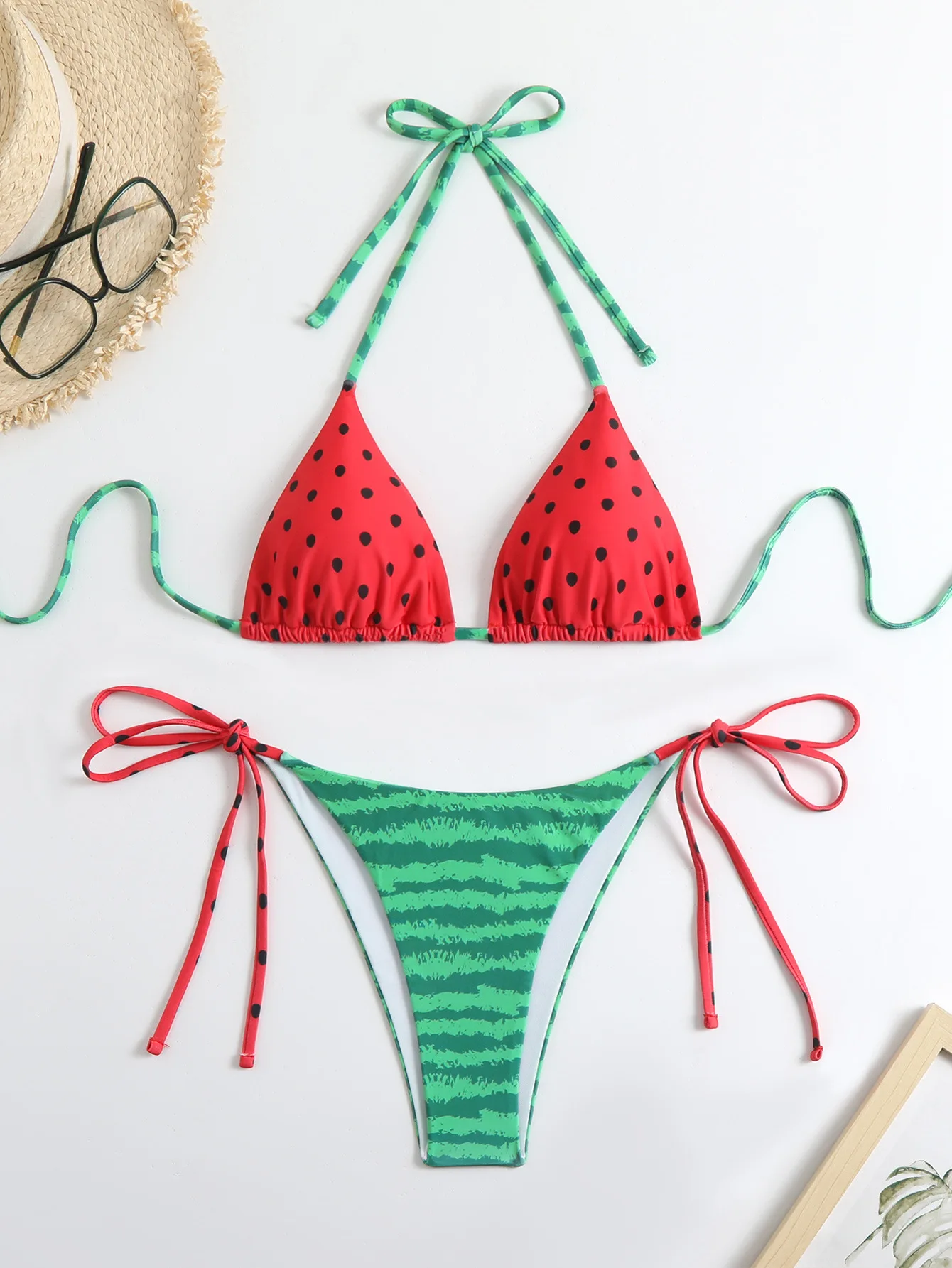 Women Printed Halter Bikini Set Watermelon Pattern Triangle Swimsuit Tie Side Bottom Back Tie Up Pool Swimwear view 5