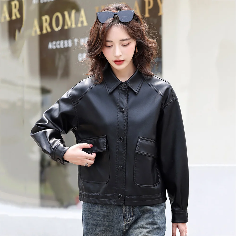 Nouveau Femmes AmpleRefente de cuir Veste Printemps Automne Mode Simple boutonnage Cordon de serrage à l'ourlet Décontracté Manteau en Refente de cuir Vêtements d'extérieur pour femmes