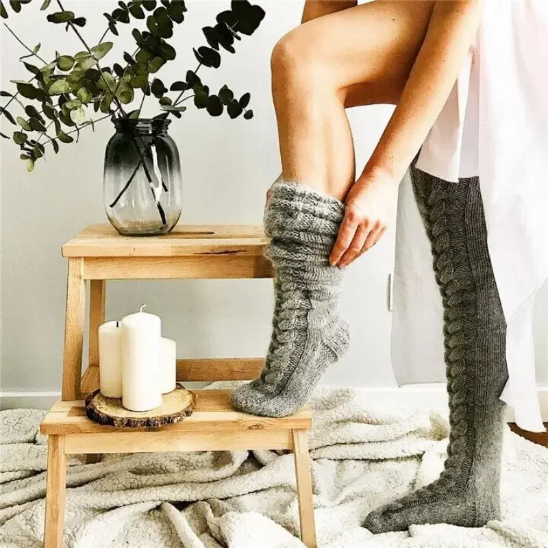 Winter Warm Over Knee Leg Warmers Women\'s Twist Long Knee-high Stacked Socks Fashion Knitted Wool Sock Long Over The Knee Socks