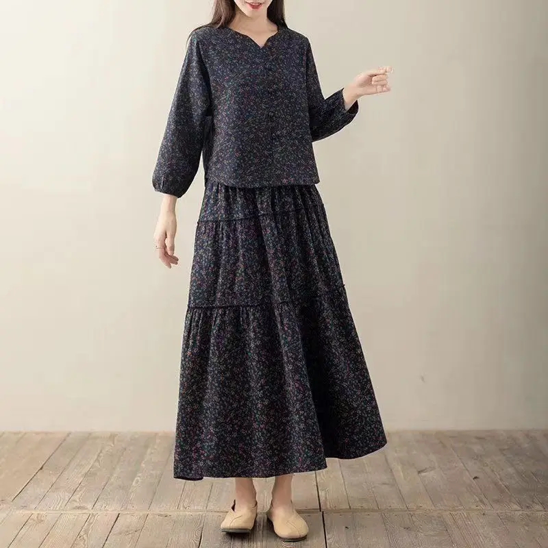 Spring Autumn Women\'s National Style Shirt + Skirt Floral Long Skirt Set Vintage Literature Cotton Linen Suit Women Outfit T2040