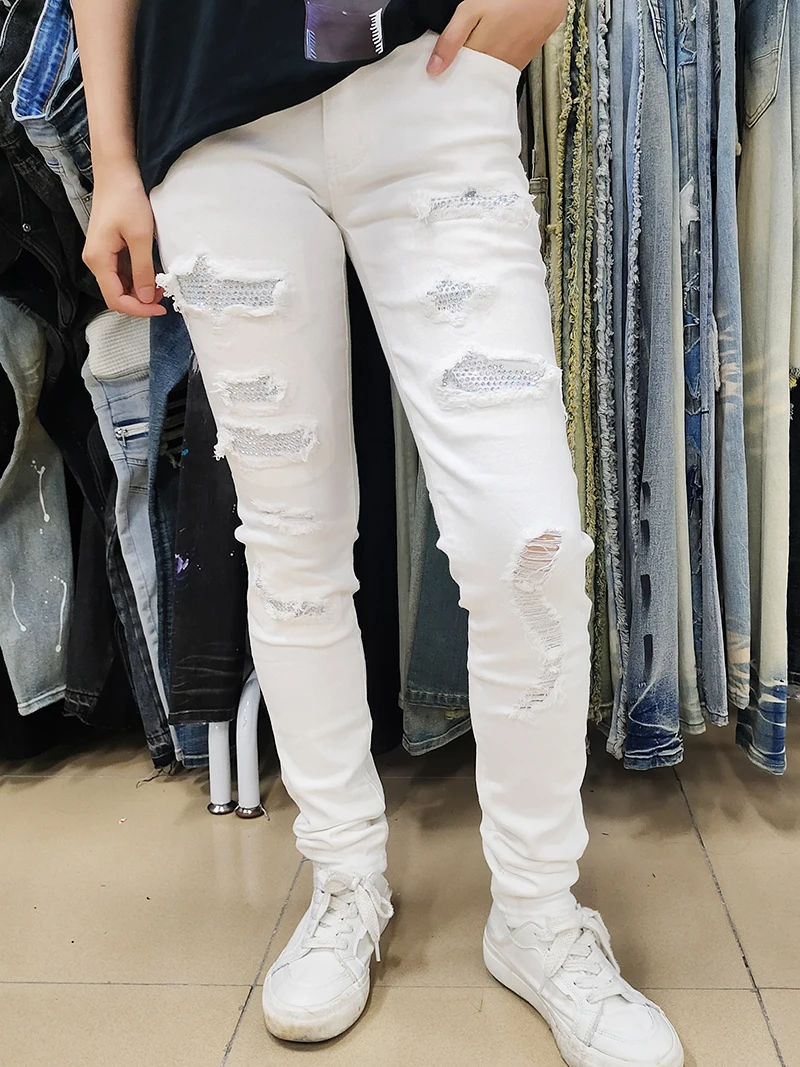 Street Fashion Hole Patchwork Crystal Comfortable Cotton Stretch Slim Jeans Classic White Couple Rhinestone Casual Denim Pants