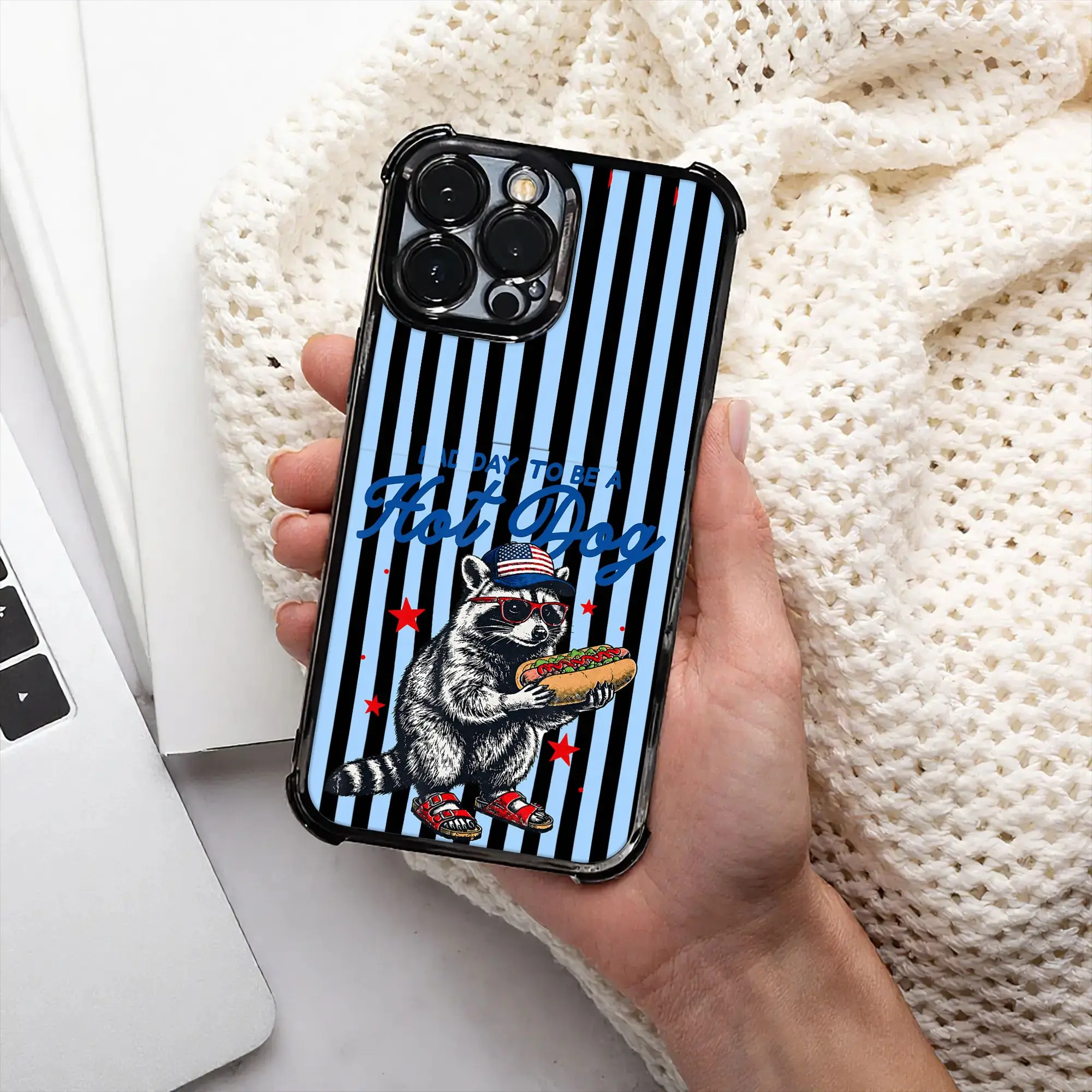 Coque de téléphone drôle Hot Dog Raccoon pour le 4 juillet, avec procédé de galvanoplastie, compatible avec divers modèles d'iPhone