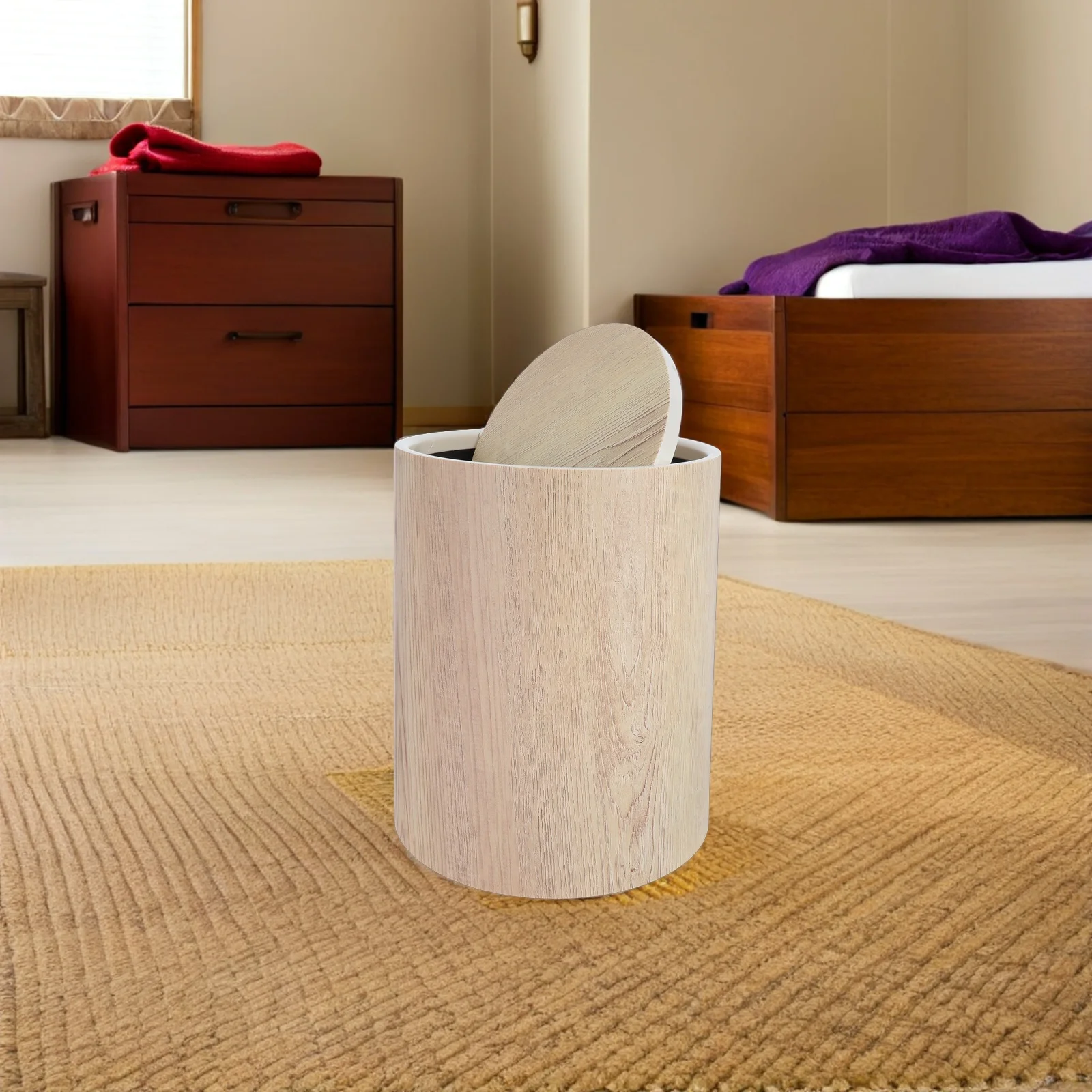

Vintage Wood Grain Trash Can Compact Round Plastic Waste Bin Flip Lid for Bathroom Bedroom Living Room Office Space-Saving