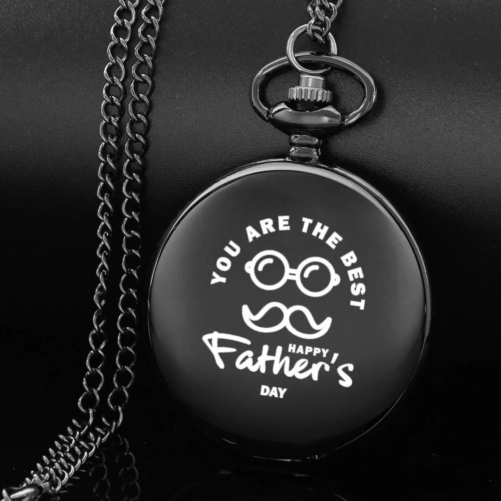 

Happy Father's day design carving english alphabet face pocket watch a belt chain Black quartz watch father's day perfect gift