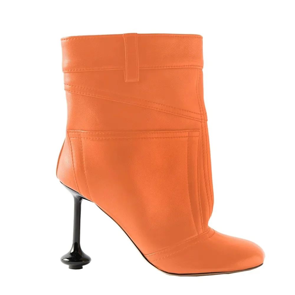 

Genuine Leather Stitching Strange Style Heel Women Boots 2025 Spring Autumn New Round Toe Women's Slip On Novlety Ankle Boots
