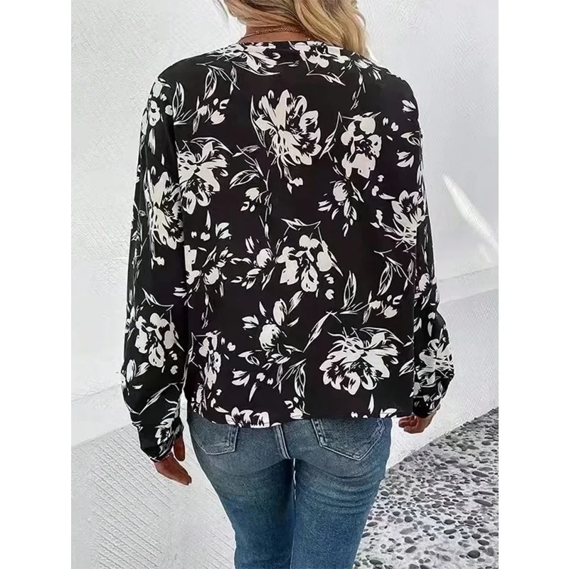حجم كبير 1XL-5XL جديد المرأة قميص مطبوع ربيع الخريف قمصان طويلة الأكمام موضة الخامس الرقبة أنيقة النساء البلوزات الإناث