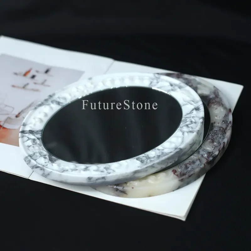 French Cream Style Oval Vanity Mirror Natural Marble Frame Bedroom Decor High End Wall Mounted Dressing Mirror Elegant Home