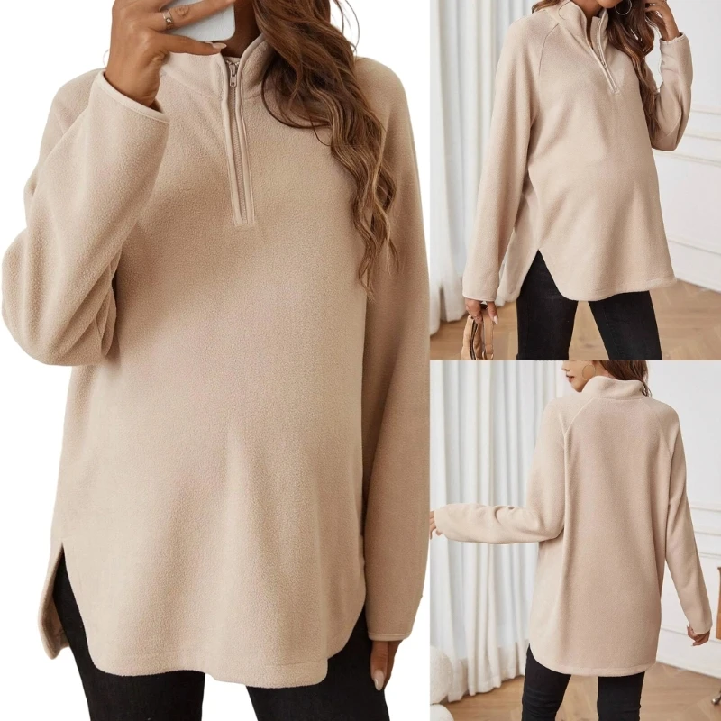 

Эластичная толстовка для беременных с застежкой-молнией спереди, мягкая теплая флисовая подкладка, зимняя одежда для беременных