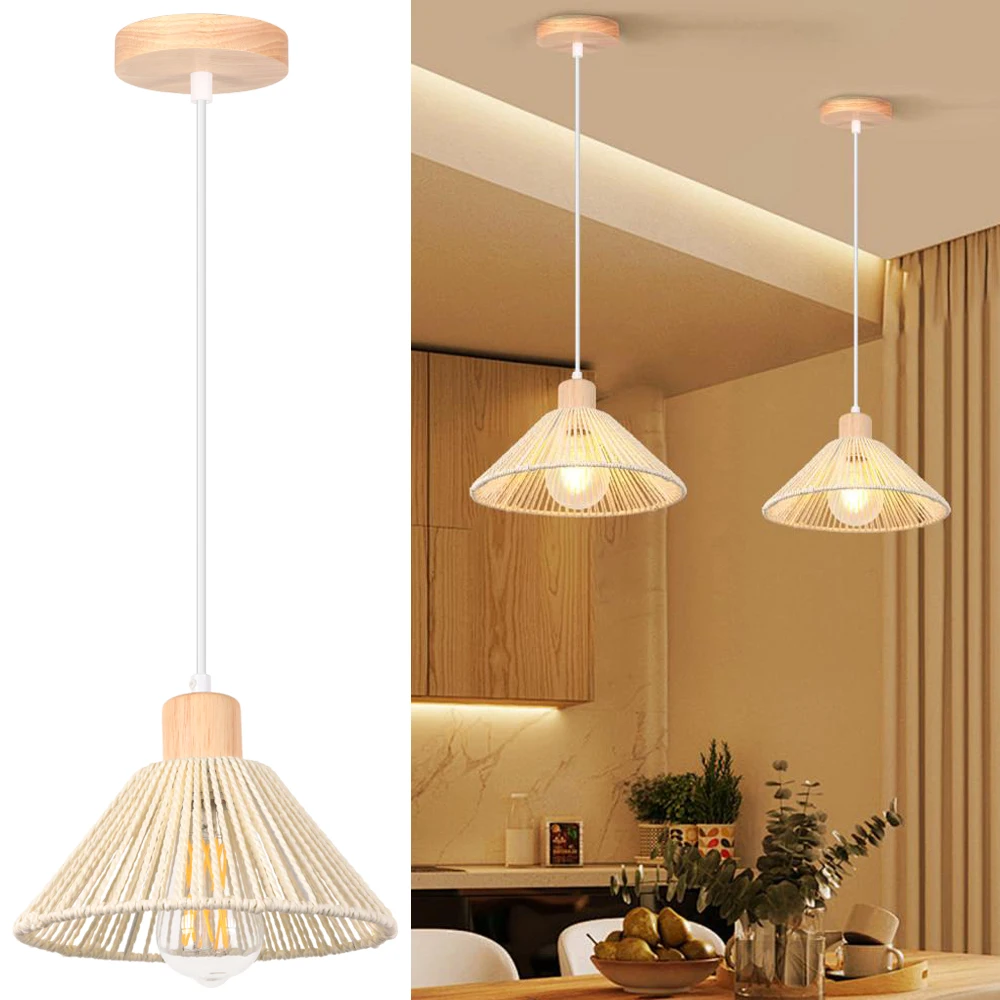 

Hemp Rope Woven Pendant Light Shade Vintage Industrial Rattan Wood Hanging Lamp Boho Ceiling Chandelier Indoor Lighting Fixtures
