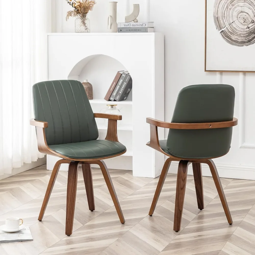 Dining Chairs Set of 2, Mid Century Modern Dining Room Chairs, Upholstered Faux Leather Kitchen Chairs with Wooden Arms and Legs