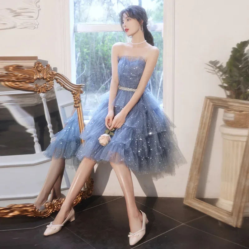 Princess Evening Dress Female 2025 Temperament Birthday Party Banquet Super Fairy Tube Top Student Graduation Dress Blue 2025