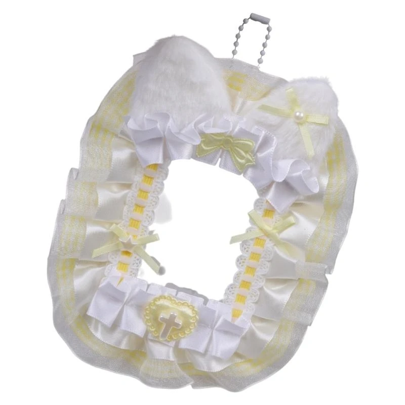 D46D Mèo sang trọng dễ thương Người giữ photocard với viền ren và tay áo cúp chuỗi đính cườm cho trang trí khóa hoặc túi quyến