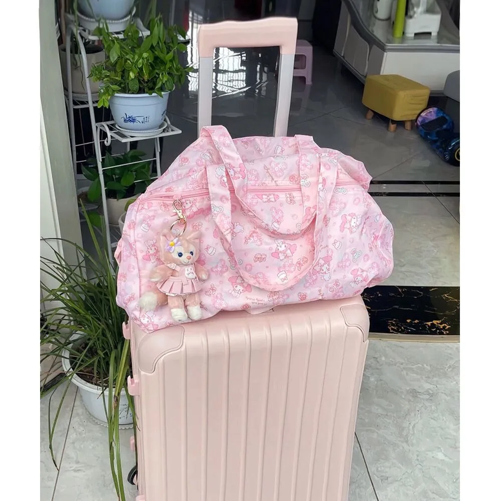 My Melody Travel Bag Cute Canvas Printed Folding Fitness Bag Neutral Waterproof Oxford Cloth Tote Diagonal Zipper Luggage