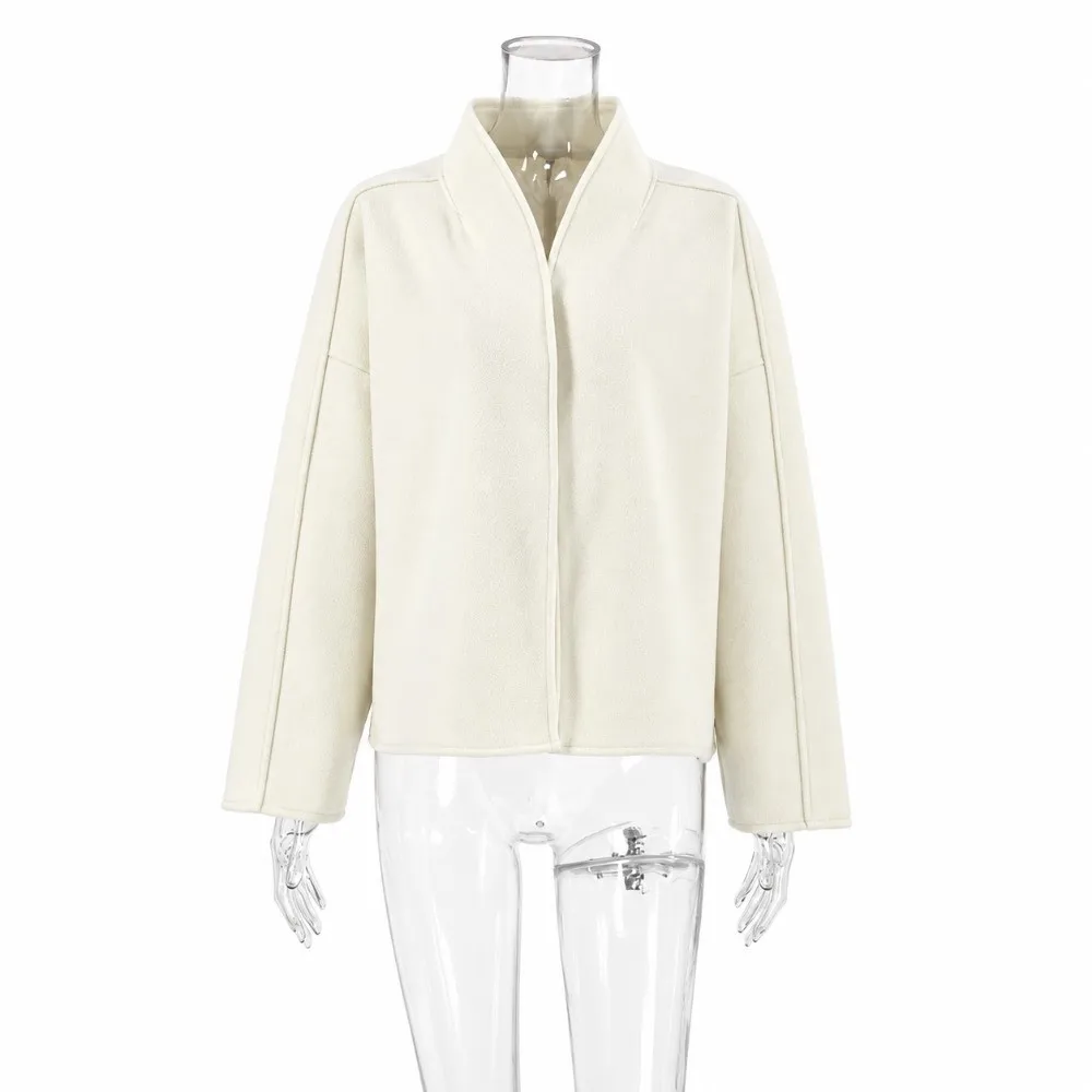 Cropped V Neck Apricot Woolen Jacket Oversized Fit Soft Woolen Blazer Cropped Length Loose Fit Loose Fit Coat Office Wear