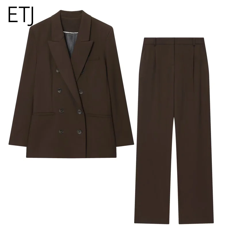

ETJ 2025 women's new fashion commutes all with Maillard double breasted suit jacket with shoulder pads & matching suit pants