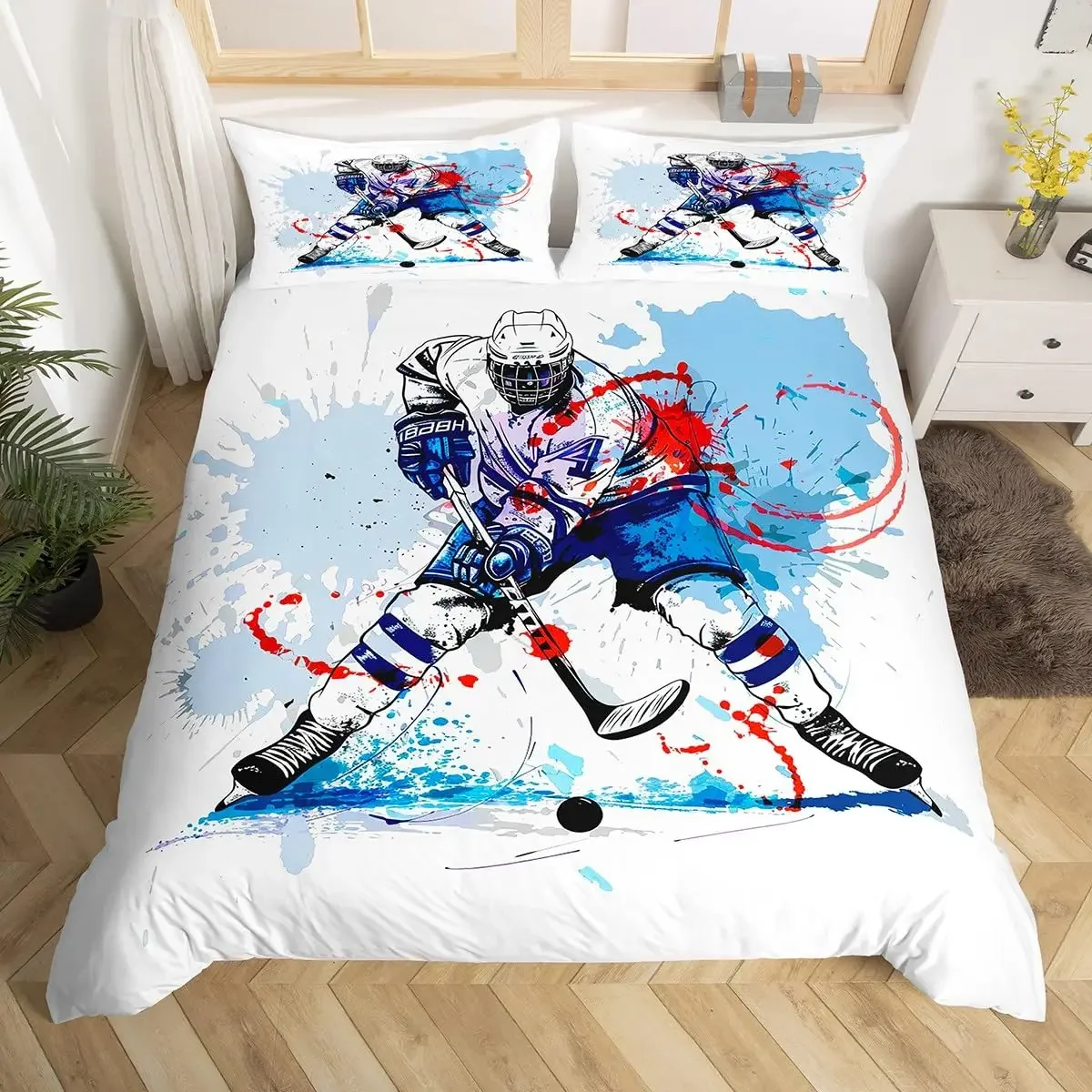 Graffiti Ice Hockey Duvet Cover Winter Sport Bedding Set Kids Boys Hockey Player Comforter Cover Watercolor Sports Quilt Cover