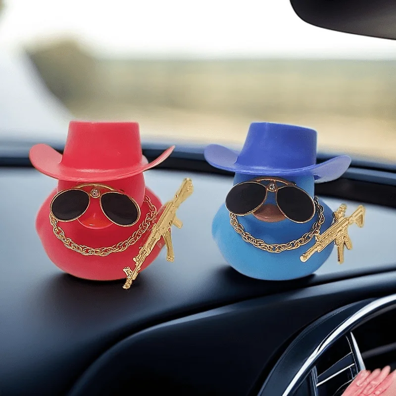 Stylish Rubber Duck with Cowboy Hat Weapon Car Ornament Dashboard -Perfect Gift for Friend or Boyfriend, Car Interior Decoration