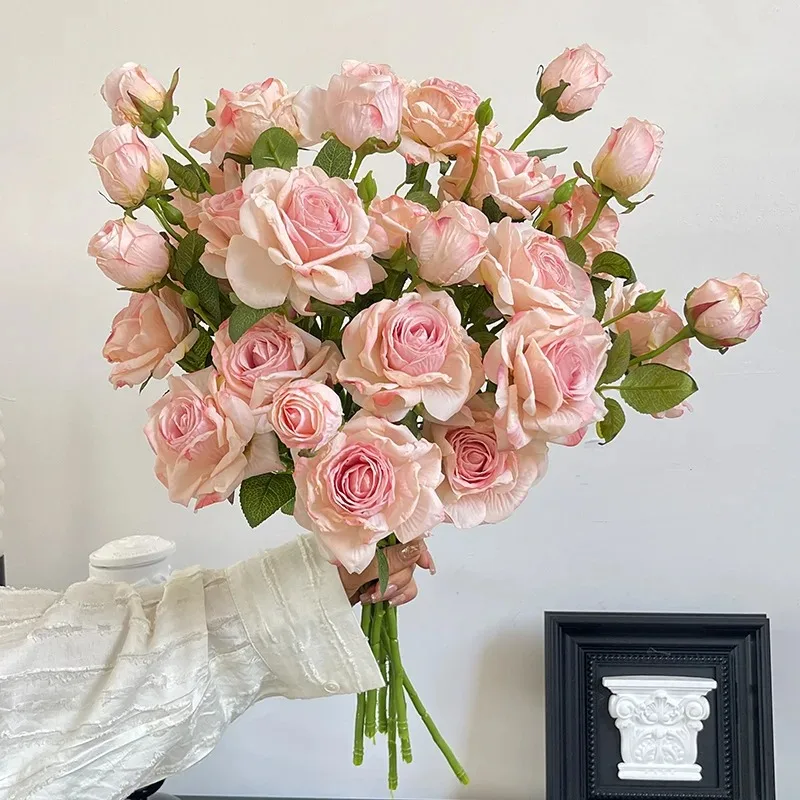 1pc Vintage Fake Flower Elegant Multi Head Rose Flower Simulation Flower Dramatic 3-Head Burnt Edge Rose For Living Room Centerp