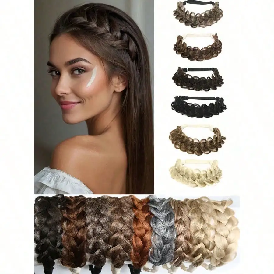 

14 Inch Black Brown Blonde Multicolor Synthetic Hair Braided Headband Classic Chunky Wide Plaited Braids Elastic Stretch Hairpiece Women Girl Beauty Accessory