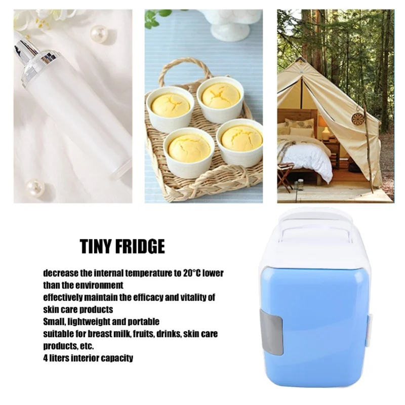 Car Fridge 4 Liters Durable ABS Cosmetic Storage Detachable Partition Portable Mini Fridge For Food Cosmetic Car Blue
