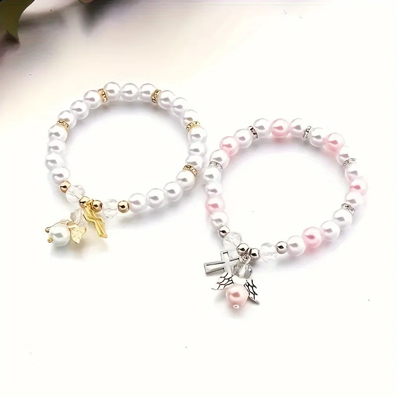 8 مللي متر تقليد اللؤلؤ الحارس الملاك تمتد سوار المجوهرات الدينية المعمودية هدية ، قابل للتعديل الصليب سحر مطاطا الخرز سلسلة #3