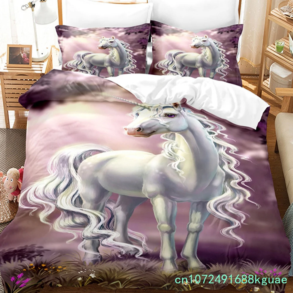 Girls Unicorn Flower Duvet Cover Cartoon Bedding Set Microfiber 3D Print Comforter Cover King Full For Kids Teen Bedroom Decor 3