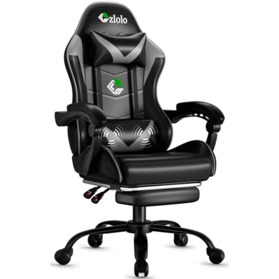 

Gaming Chair with Footrest Racing Style Lumbar Support Massager Video Game Chair with Metal Legs High Back Reclining Gamer Chai