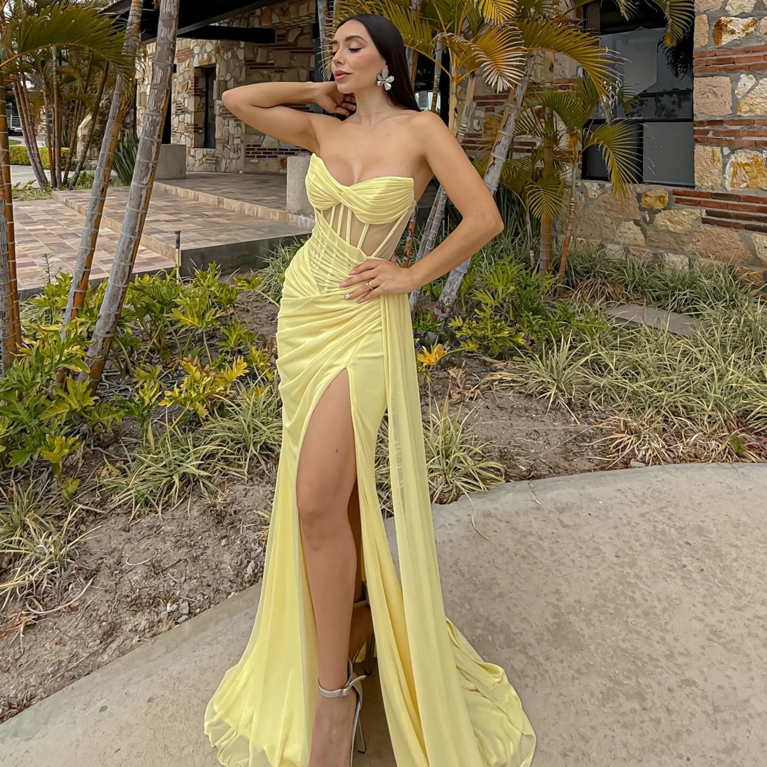 

Rose Simple Evening Dresses Sparkly Trumpet Celebrity Dress for Women Sweetheart High Slit Vestidos de Noche Customized