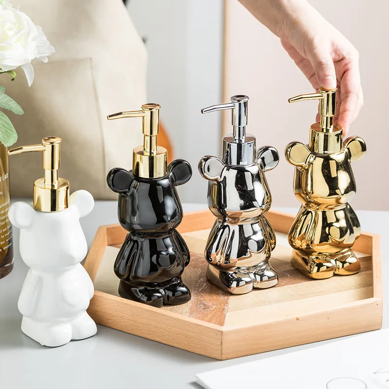 

Bear Shape Ceramics Soap and Gel Dispenser Creative Gold Silver 200ml Empty Shampoo Bottle Luxury Bathroom Storage Accessories