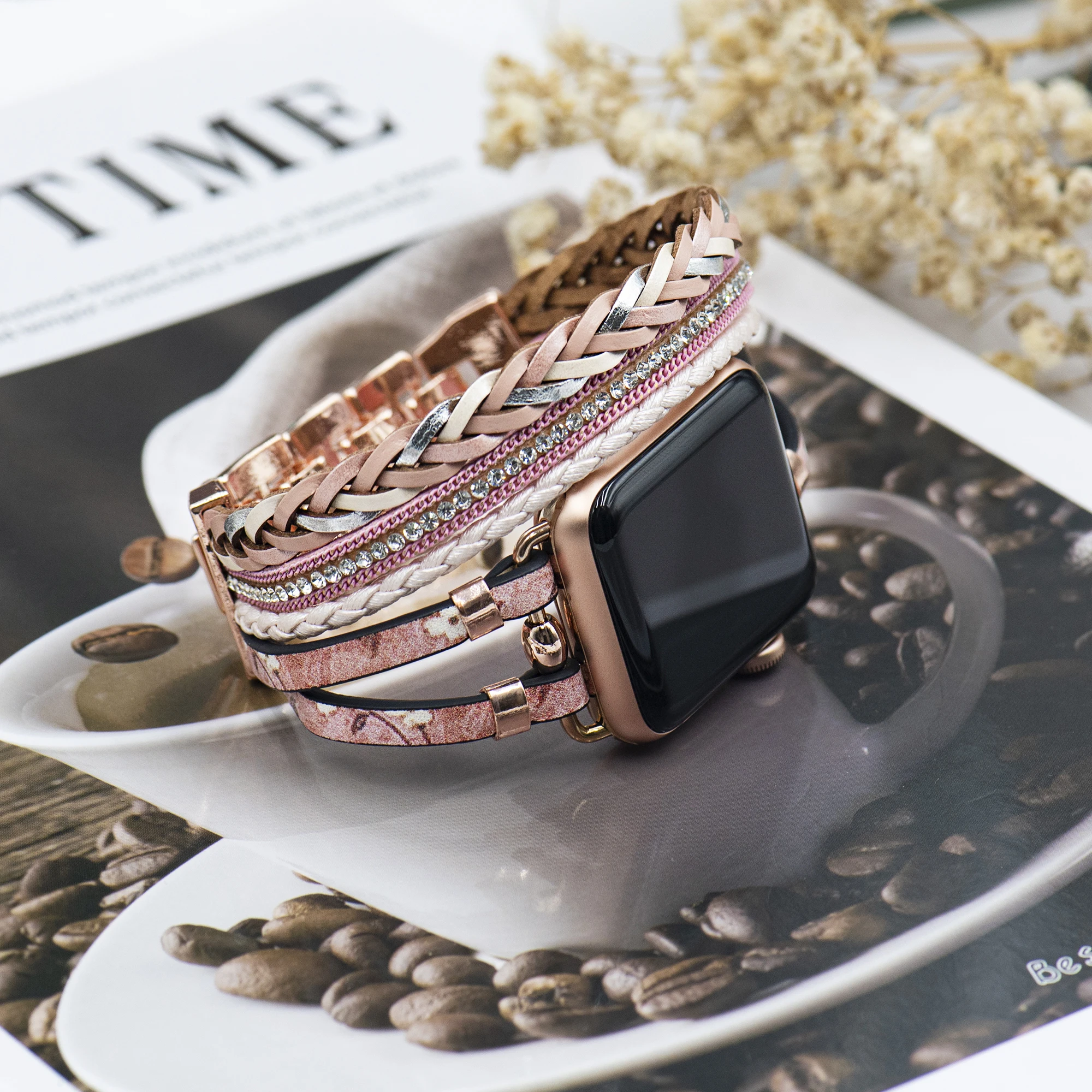 حزام جلد بوهو لحزام ساعة أبل، للرجال والنساء 38 مم/40 مم/41 مم 42 مم/44 مم/45 مم/49 مم، حزام جلدي أنيق مطبوع يدويًا