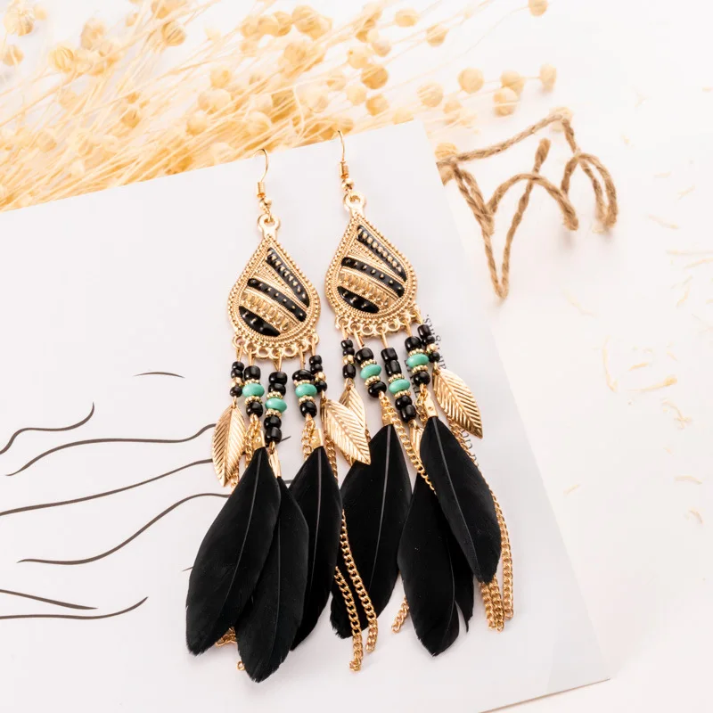 Ethnic Bohemian Long Tassel Chain Feather Earrings For Women Enamel Gold Color Geometric Drop Dangle Earrings Female Jewelry