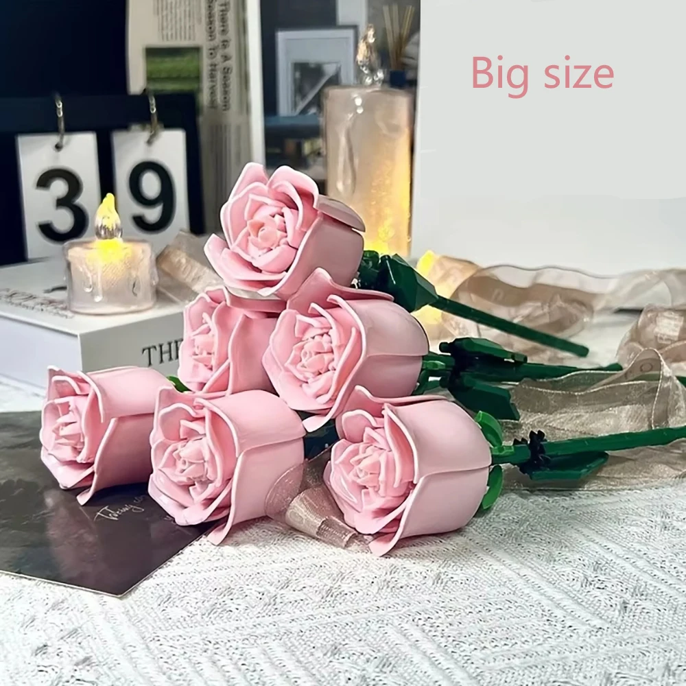 DIY Pink Rose Flower Plants Peace Building Block Toys Hope Valentine's Day Gardens Classic Model Brick Loved by Girl Kids Set